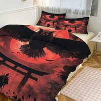 HOMCURSH Watercolor Abstract Japanese Owl Three Piece Bedding Set Rustic Cool Anime Samurai Bird Tor