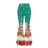 PinUp Angel Cartoon Xmas Owl Green Print Bell Bottom Pants for Women High Waist Funny Cute Christmas
