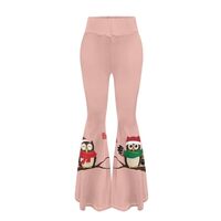 PinUp Angel Cartoon Xmas Owl Pink Print Bell Bottom Pants for Women High Waist Funny Cute Christmas 