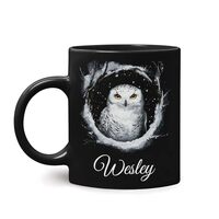 Snowy Owl Design Ceramic Mug, Custom Name Winter Owl Cup, Customized Animal Black Mug, Personalized 