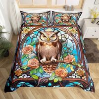 Owl Duvet Cover Set King Size,Bird Animal Stained Glass Bedding Set for Kids Girls Women Room Decor,