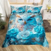 Erosebridal White Owl Kids Bedding Set,Blue Flower Painting Comforter Cover King for Girls Woman Rom