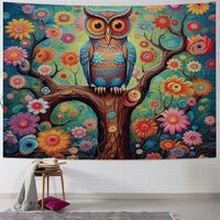 FUXIDURA Colorful Owl Tapestry Funny Bird Sitting Branch Tree Boho Floral Green Leaves Spring Plant 