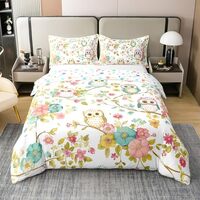 Feelyou Owl Duvet Cover Twin Size Kids Colorful Floral Owls Comforter Cover Set for Boys Girls Teens