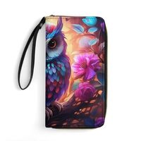 Floral Owl Wallet for Men Women Clutch Leather Wristlet Purse Card Holder with Grip Hand Strap