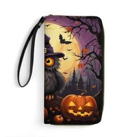 FZQVSWTX Leather Womens Wallet Wristlet,Halloween Owl Ghost Pumpkin Printed Large Capacity Clutch Cr