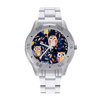 Colorful Owls and Leaves Simple Wrist Watches for Men Silver Casual Big Face Dress Watch Easy to Rea