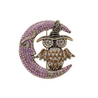 Rhinestone-Encrusted Owl on The Moon Brooch Vintage Animal Suit Lapel Pin Safety Pin for Shawl Scarf
