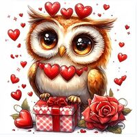Zhenqing Valentine's Day Cross Stitch Kit for Adults - Stamped Red Heart Rose & Owl Floral