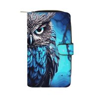 GHBNK Women's Leather Wallet Long Wallet for Men Blue Owl Wristlet Wallets with 12 Card Holder 