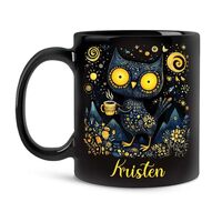 Personalized Owl Coffee Mug With Cosmic Design, Gearwork Art Style Cup, Custom Name Mystical Animal 