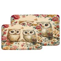 2PCS Owl Bath Mat Vintage Birds on Tree Branch Fantasy Wonderland Wildlife Animal Watercolor Floral 