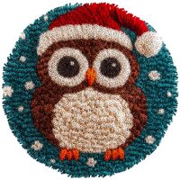 Latch Hook Rug Kit Cute Cartoon Owl Wear Christmas Hat Easy for Beginners Round Shape Carpet Crochet