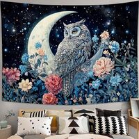 Boho Owl Floral Tapestry Cute Owl Moon Aesthetic Tapestries Botanical Flower Hanging Wall Art Decor 