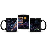 Colorful Owl On Branch Full Wrap Cup, Customized Name Night Sky Ceramic Mug, Custom Bird Lovers Coff
