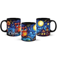 Personalized Whimsical Owl Black Mug, Custom Name Owl Full Wrap Cup, Customized Night Sky Scene Cera