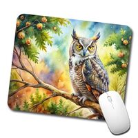 Great Horned Owl in Tree Watercolor Low Profile Mouse Pad Mat