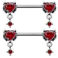 Pierced Owl 14GA 316L Stainless Steel Gothic Red CZ Crystal Heart with Dangling Gems Nipple Barbells