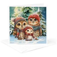 3dRose, Owl Family in Winter Clothing Standing in Winter Woodland Christmas, 1 Greeting Card with en