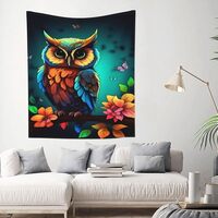 Orange Blue Owl Tapestry - Boho Wall Art - Cute Owl Funny Botanical Flower Plant Tapestry for Bedroo