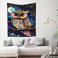 Owl Moonlight Tapestry - Boho Wall Art - Cute Owl Funny Botanical Flower Plant Tapestry for Bedroom 