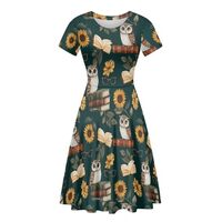 Beauty Collector Owl Book Sunflower Green Womens School Midi Dress Crewneck Short Sleeve A-Line Dres