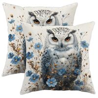 Owl Pillow Covers Set of 2, Blue Floral Owl Throw Pillow Cases, Autumn Decorative Square Cushion Cov