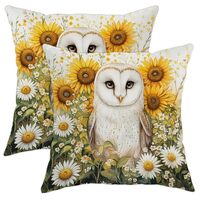 Owl Pillow Covers Set of 2, White Owl and Sunflower Throw Pillows Case, Summer Decorative Square Rus