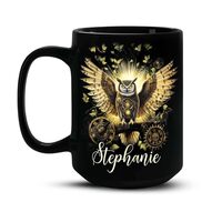 Custom Steampunk Owl Mug, Personalized Bird Themed Ceramic Cup, Customized Name Art Coffee Mug, Gift