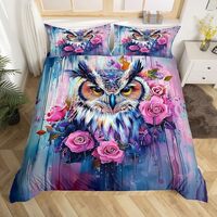 Castle Fairy Owl Pattern Bedding Set,Pink Rose Duvet Cover for Kids Teens,Watercolor Graffiti Comfor