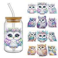 4pcs Spring Flower Bird Cute Owl UV DTF Cup Wraps Transfer Waterproof Sticker for Glass Cups Furnitu