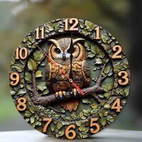 Wooden Owl Wall Clock with Green Leaves Design10-Inch Wooden Wall Clock, Silent Movement, Battery Op