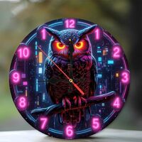 Neon Owl Wall Clock Contemporary Home Decor10-Inch Wooden Wall Clock, Silent Movement, Battery Opera
