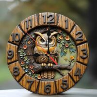 Decorative Wall Clock with Owl Design and Floral Accents10-Inch Wooden Wall Clock, Silent Movement, 