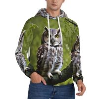 BaerK X-Large Men's Fleece Hooded Hoodie - Owl Tree Branches Full Print, Soft Warm Cotton Sweat