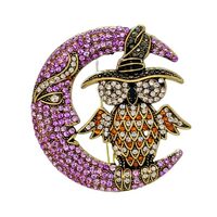 Vintage-Style Halloween Owl and Moon Brooch, Crystal Rhinestone Pin, Purple and Orange