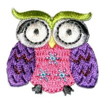 Decorative Owl Iron-On Patch, Embroidered Applique, Pink and Purple, 1.4 x 1.4 inches