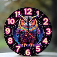 Neon Owl Wall Clock Decorative Art Home Decor10-Inch Wooden Wall Clock, Silent Movement, Battery Ope