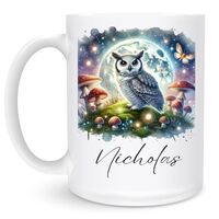 Personalized Owl Moonlight Fantasy Mug - Custom Name Ceramic Coffee Cup 11oz 15oz, Mystical Night Bi