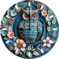 Imahoocool Wall Clock 10In Frameless Wooden MDF Blue Owl for Home Living Room Office Decoration