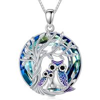 POTOPYY Owl Necklace 925 Sterling Silver Tree of Life 2 Owl Crystal Necklace Pendant Jewelry Anniver