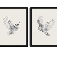 Great Horned Owl Black and White Art Print Poster, Vintage Sketch Drawing Animals Painting Minimalis