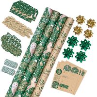 RUSPEPA Christmas Wrapping Paper Set, Jumbo Roll, 4 Rolls Green Owl Reindeer Ball Design Kraft Gift 