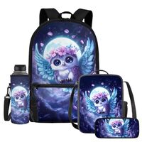 WELLFLYHOM Owl Moon Girls Backpack Set 6-8 Kids School Book Bag Lunch Box Pencil Case Water Bottle S