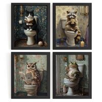 WXHUM Vintage Wall Decor for Bathroom, Funny Bathroom Animals Wall Art Prints Set of 4, Cute Cat Rac