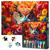 1000 Piece Jigsaw Puzzle for Adults, Owl with Yellow Eyes Close-Up Art, Vibrant Red and Yellow Flora