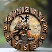 Wooden Owl Clock Wall Decor Rustic Farmhouse Style 10-Inch Wooden Wall Clock, Silent Movement, Batte