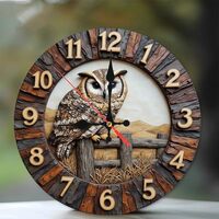 Lancholy Owl Wall Clock Wood Rustic Fence Decor 10-Inch Wooden Wall Clock, Silent Movement, Battery