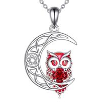 Vadmans Owl Necklace Sterling Silver Celtic Moon Birthstone Owl Pendant Red Cubic Zirconia Owl Jewel