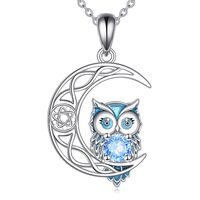 Vadmans Owl Necklace Sterling Silver Birthstone Owl Pendant Blue Cubic Zirconia Celtic Moon Jewelry 